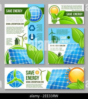 Modello di banner aziendale per la tecnologia dell'energia ecologica. Città verde e casa con pannello solare e turbina eolica, simbolo di riciclo, lampadina e globo con gr Illustrazione Vettoriale