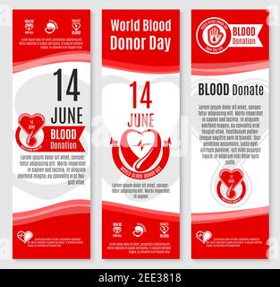 Banner vettoriali per donazioni di sangue per l'evento di beneficenza sociale dei volontari della Giornata Mondiale dei donatori. 14 giugno disegno di sangue e aiutare le mani o il cuore per il divertimento donorship Illustrazione Vettoriale
