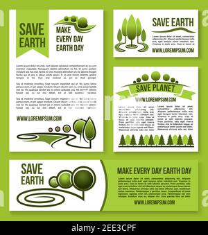 Salvare la Terra e salvare i modelli di progettazione Planet di poster vettoriali e banner per l'evento globale della Giornata della Terra sulla protezione ambientale. Paesaggio naturale Illustrazione Vettoriale