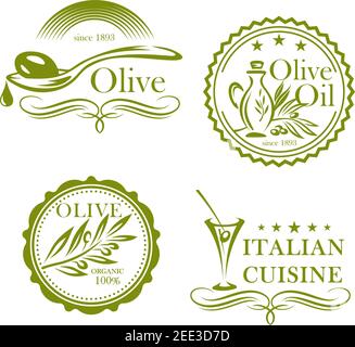 Set di etichette vettoriali per olive e prodotti a base di olio d'oliva. Icone isolate di verde oliva in bicchiere di cocktail alcolico, cucina italiana, caraffa o barattolo. ORGA Illustrazione Vettoriale