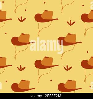 Motivo senza cuciture Cowboy Hat. Creative Cowboy Hat concetto di base. Sfondo arancione e disegni in stile cartoon Illustrazione Vettoriale
