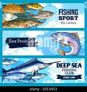 Pesca sport e pesce di mare prodotti vettoriali sketch banner set. Pesce pescatore catture di pesci oceani salmone o trota, aringa e orata, tonno o marlin Illustrazione Vettoriale