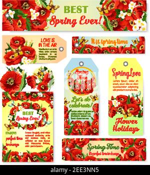 Biglietti vettoriali primavera tempo e tag set con fiori bouquet e citazioni di saluto. Disegno primaverile floreale di fiori di papavero in fiore grappoli e jasmin Illustrazione Vettoriale