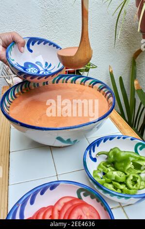 Gazpacho, andaluso e qualche ingrediente per la sua preparazione, come pomodoro, aglio e cipolla, cetriolo, su un tavolo bianco rustico, servito in tradizionale e. Foto Stock