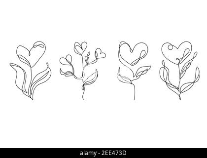 Disegno a linea continua. Una linea di fiori a forma di cuore. Arte lineare moderna su sfondo bianco Illustrazione Vettoriale