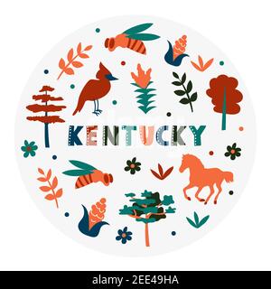 Collezione USA. Illustrazione vettoriale del tema Kentucky. Simboli di stato - forma rotonda Illustrazione Vettoriale