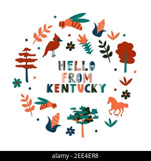 Collezione USA. Ciao dal tema Kentucky. Simboli di stato scheda a forma rotonda Illustrazione Vettoriale