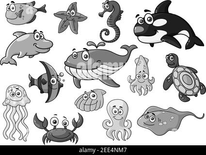 Cartoni animati animali di mare e pesci icone. Orca balena o delfino, stelle marine e meduse, cavallucci marini e tartarughe. Foca subacquea con stingray e conchiglia, lobst Illustrazione Vettoriale