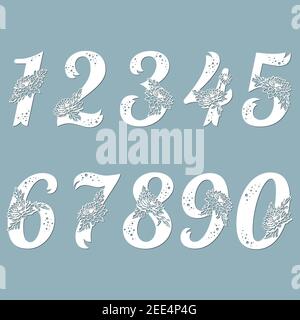 Modello di taglio laser. Serie di numeri di taglio laser. Alfabeto floreale di fantasia. Può essere utilizzato per il taglio della carta. Carattere alfabetico floreale in legno. Ritaglio della filigrana Illustrazione Vettoriale