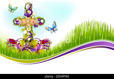 Happy Pasqua biglietto di auguri modello con uova pasquale, crocifisso croce decorata da arco di corona floreale di fiori di primavera e farfalle. Disegno vettoriale Illustrazione Vettoriale