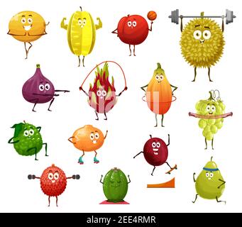 Personaggi di cartoni animati di frutta esotici che fanno esercizi sportivi. Vector frutti di bosco freschi, mela, arancia, papaia e uva, durian, fico, pesca e feijoa, caram Illustrazione Vettoriale