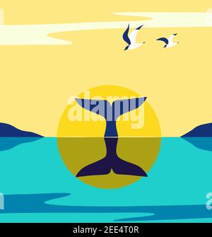 Whale Tail a Ocean Sunrise poster vettoriale piatto minimalista Illustrazione Vettoriale