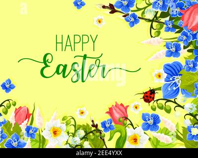 Felice saluto pasquale di uova e fiori primaverili corona di tulipani, nevicate e giglio di valle con farfalla e ladybug. Temp. Vettore pasquale Illustrazione Vettoriale