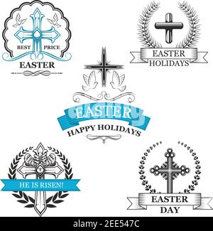 Set badge croce Santa del giorno di Pasqua. Religione cristiana segno crocifisso con uccello colomba volante, incorniciato da corona di alloro e banner nastro con testo Happy EAS Illustrazione Vettoriale