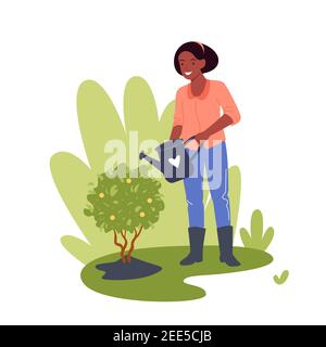 La gente lavora in giardino, donna lavoratrice di giardinaggio che fa giardinaggio annaffiando l'albero del limone Illustrazione Vettoriale