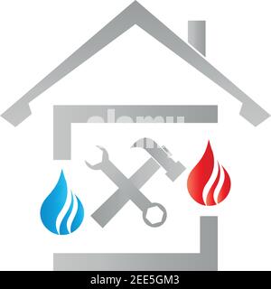 Casa, goccia d'acqua, fiamma, attrezzi, idraulico, logo idraulico, logo Illustrazione Vettoriale