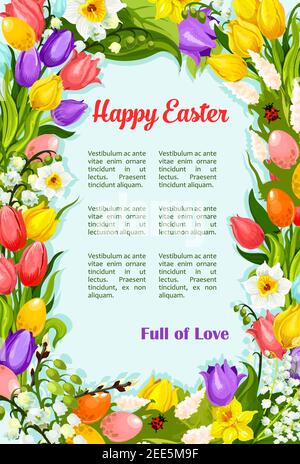 Buon manifesto di saluto di Pasqua con corona di mazzo di fiori primaverili. Primavera Pasqua tulipani vacanza, nevicate e giglio di valle per carta modello su Illustrazione Vettoriale