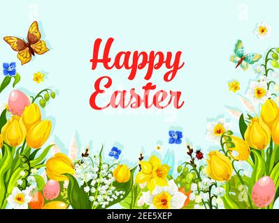Felice Pasqua biglietto d'auguri di uova pasquali caccia in primavera fiori mazzo di tulipani, nevicate e giglio di valle con farfalla e ladybug. Pasqua Illustrazione Vettoriale