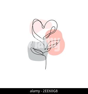 Disegno a linea continua. Una linea di fiori a forma di cuore. Arte lineare moderna su sfondo bianco Illustrazione Vettoriale