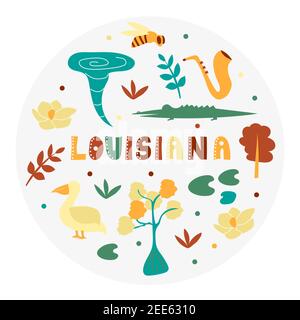 Collezione USA. Illustrazione vettoriale del tema Louisiana. Simboli di stato - forma rotonda Illustrazione Vettoriale