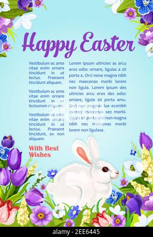 Poster di buona Pasqua con modello di auguri e saluti. Uova pasquali e coniglietto in primavera fiori mazzo di crocus, ninfee e tulipani. Vettore Illustrazione Vettoriale