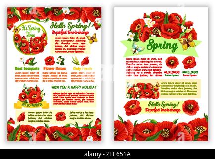 Ciao poster primavera con bouquet floreali vettoriali. Fiori di papavero in fiore rosso e primavera fioriscono fiori di gelsomino o boccioli di giglio con farfalle e. Illustrazione Vettoriale