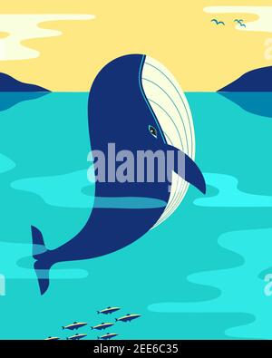 Blue Whale in oceano minimalista poster vettoriale a colori piatto Illustrazione Vettoriale