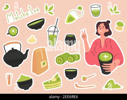 Vari prodotti da tè realizzati con adesivi matcha. Illustrazione Vettoriale