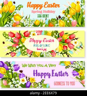 Felice Pasqua banner di saluto insieme di caccia alle uova pasquale e fiori primavera. Disegno vettoriale di tulipani, nevicate e giglio di mazzo di valle. Temp. Pasqua Illustrazione Vettoriale