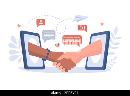 Comunicazione, conversazione e amicizia nell'illustrazione piatta del vettore di Internet. Le mani si scuotono tra loro attraverso gli schermi dei telefoni cellulari. Applicazione di datazione, concetto di social networking. Illustrazione Vettoriale