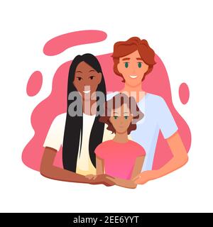 La gente della famiglia con il genitore multirace abbracciando la figlia del bambino, rapporto multirazziale Illustrazione Vettoriale