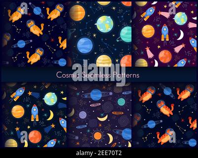 Set di design con stampa a motivi senza giunture cosmici spaziali, esplorazione dell'universo del cosmo cartoon Illustrazione Vettoriale