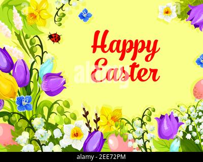 Buona carta pasquale di mazzo floreale primaverile o bouquet di fiori di tulipani, nevicate e giglio di valle. Vettore Pasqua uova pasquale caccia modello di saluto Illustrazione Vettoriale