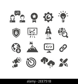 Set di icone vettore nero SEO. Ottimizzazione dei motori di ricerca, simboli dei siti Web. Icone di business Web. Illustrazione Vettoriale