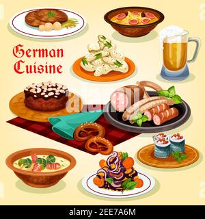 Icona cartoon cucina tedesca con piatti nazionali. Salsiccia, birra e pretzel, insalata di patate, zuppa di salsiccia, rotolo di pesce, zuppa di noodle con germogli di bruxelles, Illustrazione Vettoriale