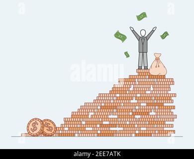 Uomo in piedi sulla roccia di monete d'oro vettore cartoon illustrazione di contorno. Successo finanziario, investimenti, risparmio di denaro, crescita e successo, concetto di investimento finanziario. Illustrazione Vettoriale