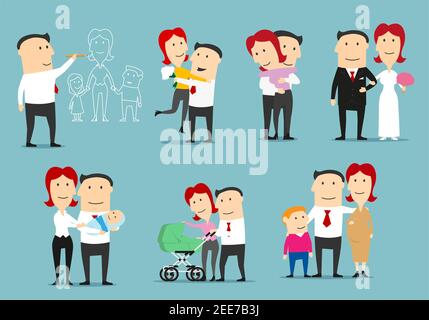 Famiglia ciclo di vita cartone animato set di caratteri. Single uomo sognando di famiglia, datazione, coppia appena sposata, famiglia felice con neonato, wit donna incinta Illustrazione Vettoriale