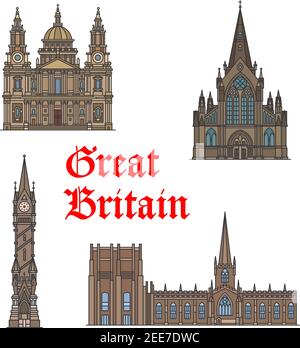 Simbolo britannico di viaggio sottile linea icona insieme con l'architettura dell'Inghilterra. Cattedrale di St Paul, Cattedrale di Glasgow, Haymarket Memorial Clock Tower e Shef Illustrazione Vettoriale