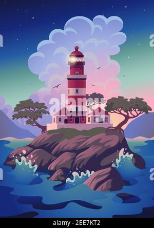Faro - vettore paesaggio. Paesaggio marino con faro sulla scogliera. Illustrazione vettoriale in stile cartoon piano. Illustrazione Vettoriale