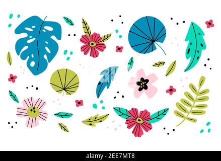 Sfondo con foglie tropicali e fiori Illustrazione Vettoriale