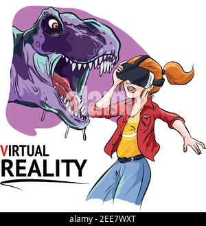 Immagine vettoriale di una ragazza che indossa cuffie per la realtà virtuale. Illustrazione Vettoriale