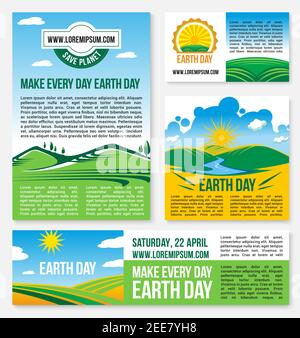 Salva il design Planet per i banner o i poster del giorno della Terra. Progettazione vettoriale per il 22 aprile evento globale sulla protezione ambientale. Paesaggio naturale di Illustrazione Vettoriale