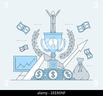 Illustrazione del cartone animato vettoriale per applicazioni aziendali o di investimento. Uomo vincitore del primo premio, aumento del grafico a barre, monete e contanti. Successo finanziario, strategia di investimento, icone delle app. Illustrazione Vettoriale