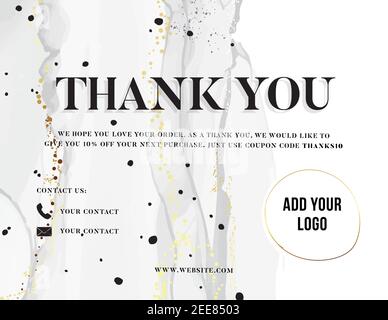 Carta di ringraziamento, carta di servizio clienti, voucher promozionale in colori oro grigio, inserto post acquisto 10% di sconto sul modello di annuncio pubblicitario, stampabile c Illustrazione Vettoriale