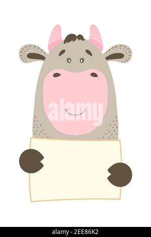 Carino cartone animato animale mucca bue bue bue con tag tag con spazio di copia. Set biglietto di auguri banner invito brochure. Cartoon disegno a mano stile. Poco Illustrazione Vettoriale