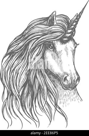 Unicorn fantastico schizzo isolato di cavallo. Testa di cavallo cornato magico con manna lunga ondulata. Tatuaggio, stampa t-shirt, fiaba o design leggenda Illustrazione Vettoriale