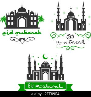EID Mubarak auguri di celebrazione religiosa musulmana. Icone vettoriali insieme di moschea in mezzaluna luna e stella scintillante per l'Islam tradizionale o Beato Illustrazione Vettoriale