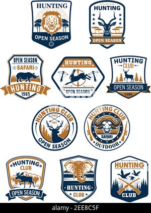 Set di simboli sportivi per la caccia di cervi e anatre, safari africano e caccia di cervi. Cervo, anatra, leone, lepre, alci, toro, elefante, rinoceronte e antilope su araldo Illustrazione Vettoriale