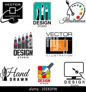 Set di simboli per studio di grafica e web design. Strumento grafico icona isolata con monitor per computer, tavoletta grafica e penna digitale, tavolozza dei colori, pa Illustrazione Vettoriale