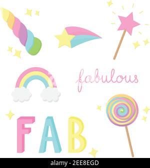 Set di illustrazioni vettoriali favolose, scintillanti, magiche, arcobaleno disegnate a mano. Unicorno corno, arcobaleno, bacchetta magica, stella cometa, dolce lecca e fabu Illustrazione Vettoriale